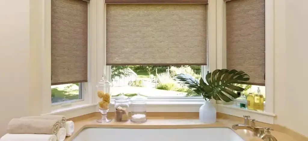 Bathroom window with roller shades and natural light