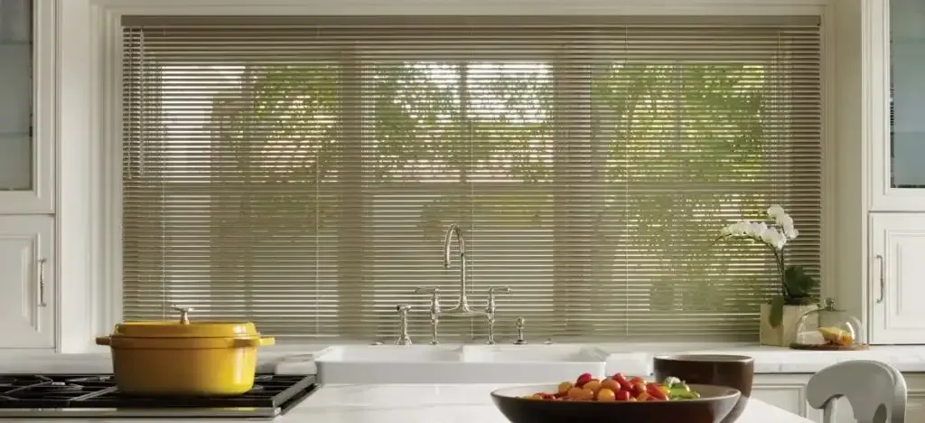 Kitchen window with metallic aluminum blinds