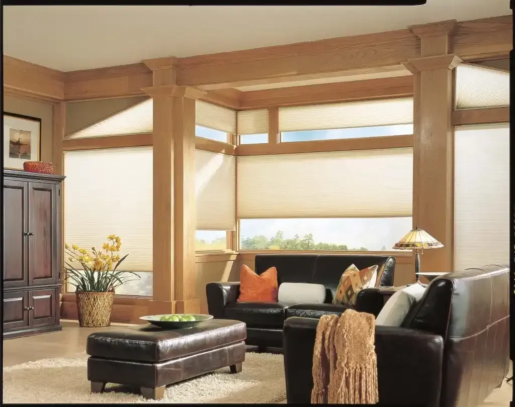 Family room with wood ceiling beams and cellular shades on the windows
