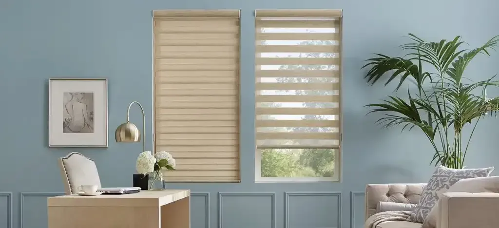 Home office with light blue walls, a desk, and tan dual shades on two windows