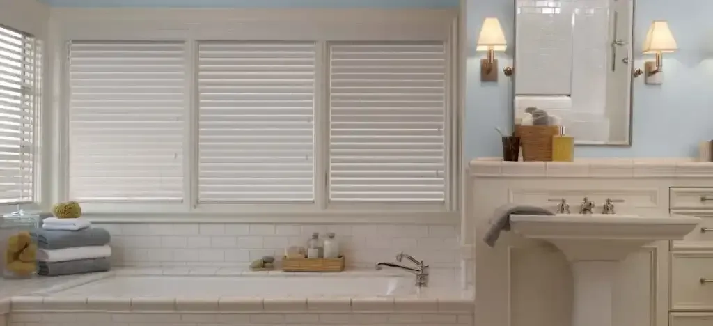 Bathroom with a soaking tub and white faux wood blinds