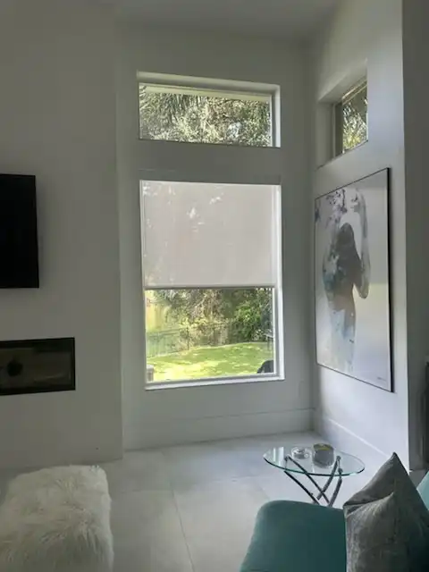 Roller shade partly raised on a tall living room window, showing the backyard below a transom window