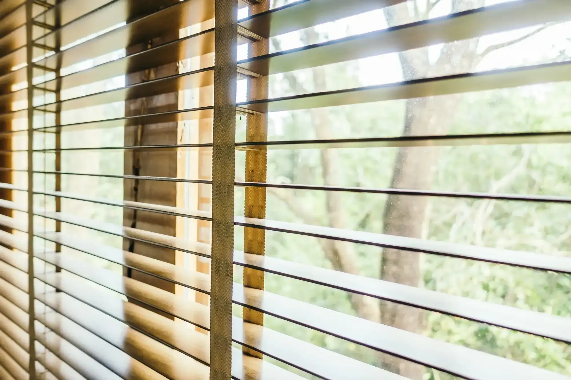 Close view of wood blinds tilted open toward trees outside